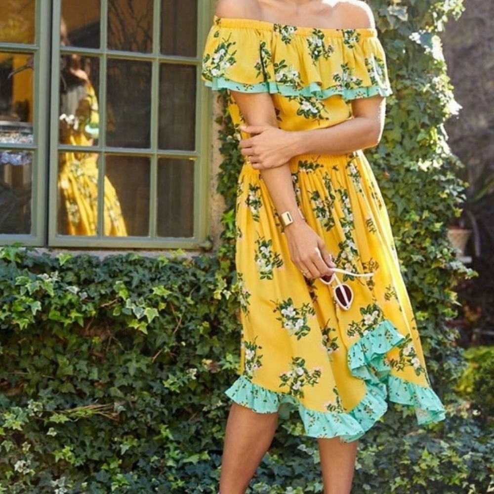 Matilda Jane Hooked On A Feeling Midi Dress Yellow Aqua Ruffle Size XS